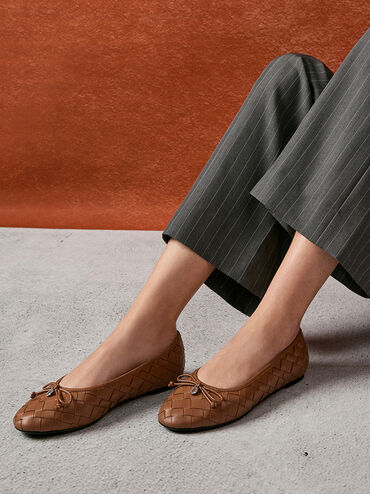 Ivette Woven Bow Ballet Flats, Brown, hi-res