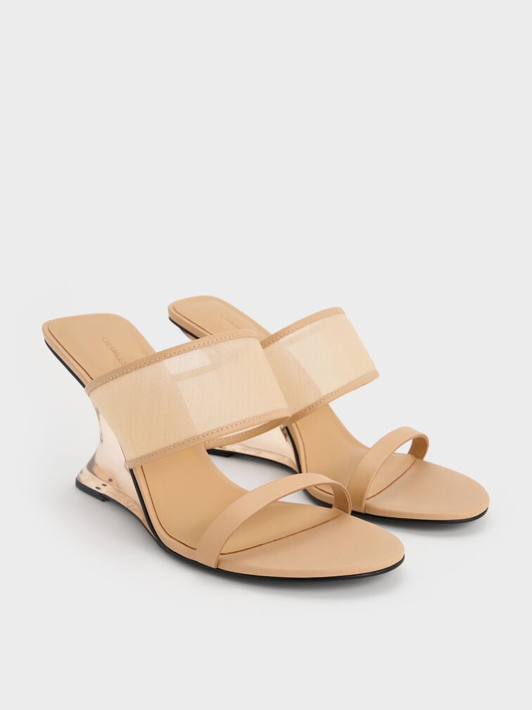 Mesh Sculptural-Heel Wedges, Nude, hi-res