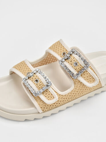 Raffia Gem-Buckle Double-Strap Sandals, Sand, hi-res