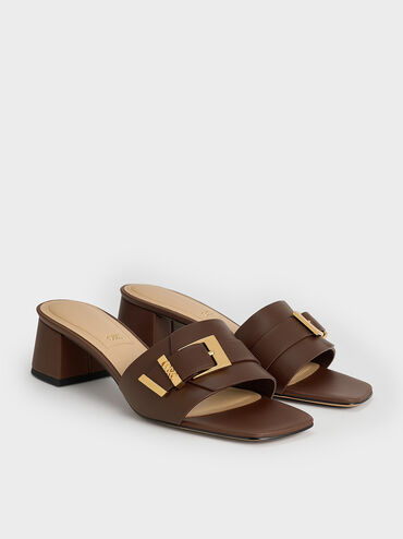 Whitney Leather Buckled Block-Heel Mules, Dark Brown, hi-res