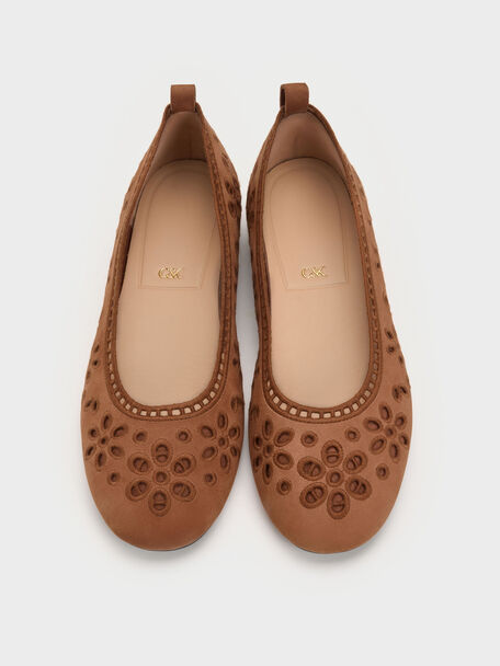 Leather Embroidered Ballet Flats, Cognac, hi-res