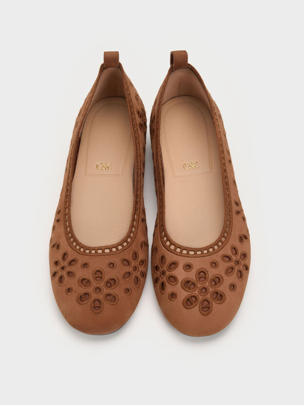 Leather Embroidered Ballet Flats, Cognac, hi-res