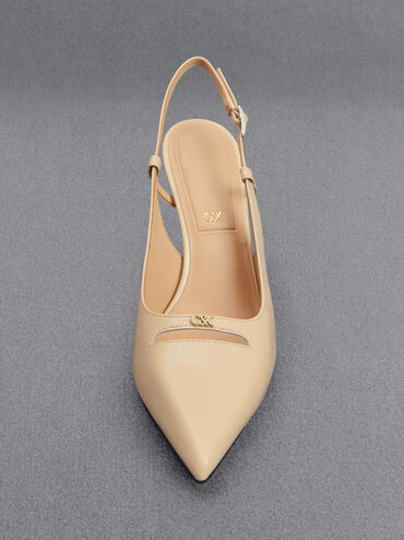 Leather Pointed-Toe Slingback Pumps, Beige, hi-res