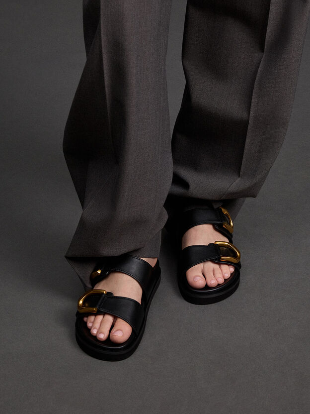 Gabine Gold-Buckle Leather Slides, Black, hi-res