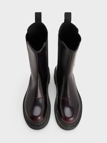 Stitch-Trim Platform Mid-Calf Chelsea Boots, Burgundy, hi-res