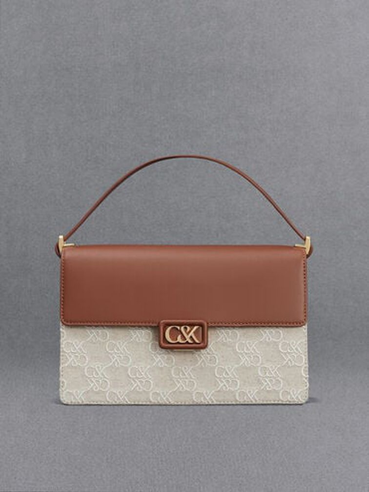 Leather & Canvas Two-Tone Shoulder Bag, Cognac Leather & Canvas Two-Tone Shoulder Bag, Cognac, hi-res