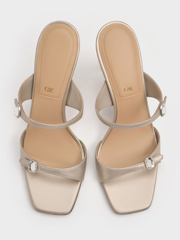 Pearlescent Leather Gem-Buckle Double-Strap Heeled Sandals, Ivory, hi-res