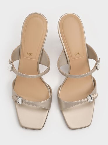 Pearlescent Leather Gem-Buckle Double-Strap Heeled Sandals, Ivory, hi-res