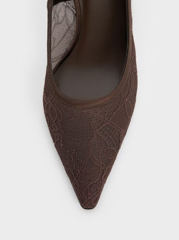 Lace & Satin Stiletto Pumps, Dark Brown Textured, hi-res
