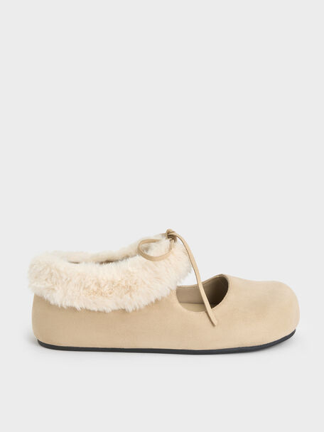 Emila Faux Suede Fur-Trim Mary Jane Flats, Chalk, hi-res