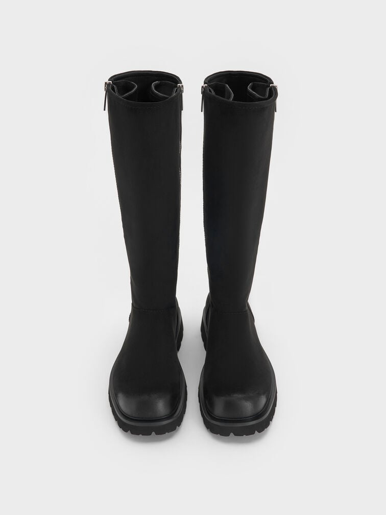 Rosamond Faux Suede Side-Zip Ridged-Sole Knee-High Boots, Black Textured, hi-res