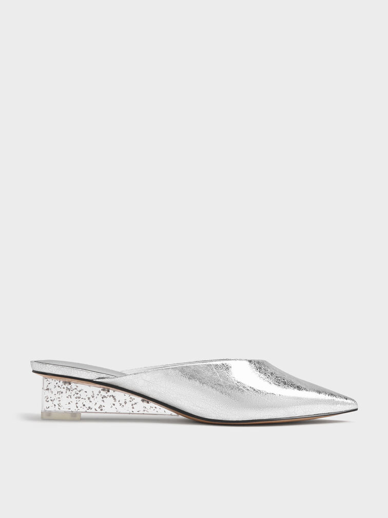 Metallic Crinkle-Effect Speckled-Heel Wedge Mules​, Silver, hi-res