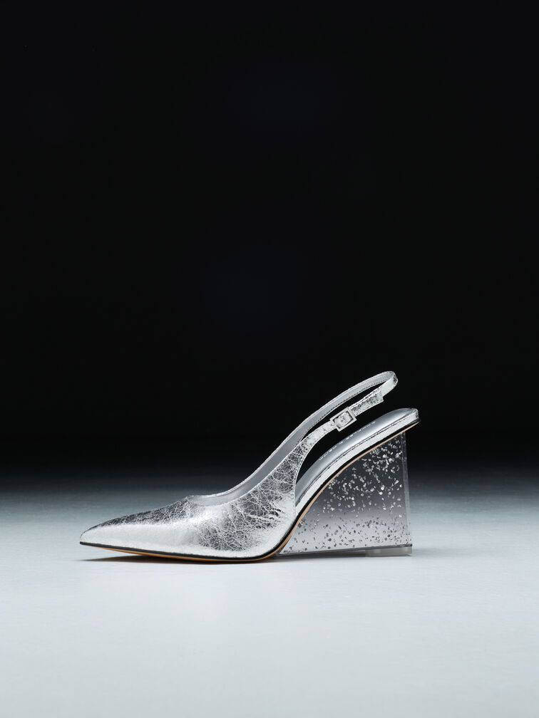 Metallic Crinkle-Effect Speckled-Heel Slingback Wedges, Silver, hi-res