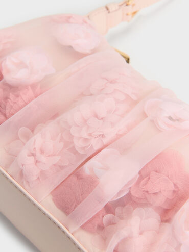 Gift Set: Floral-Mesh Pearl-Strap Shoulder Bag, Light Pink, hi-res