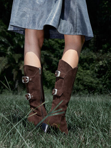 Masei Faux Suede Grommet-Strap Knee-High Boots, Dark Brown, hi-res