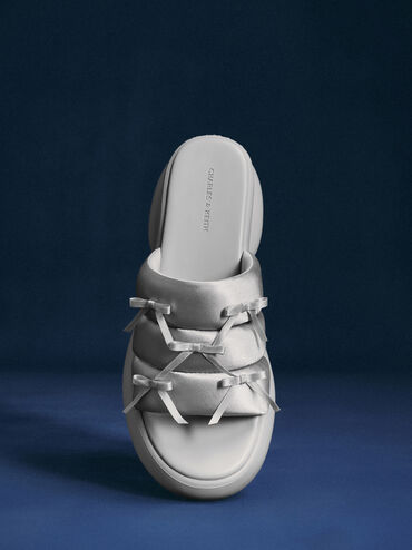 Recycled Polyester Bow Puffy Sports Sandals, Light Grey, hi-res