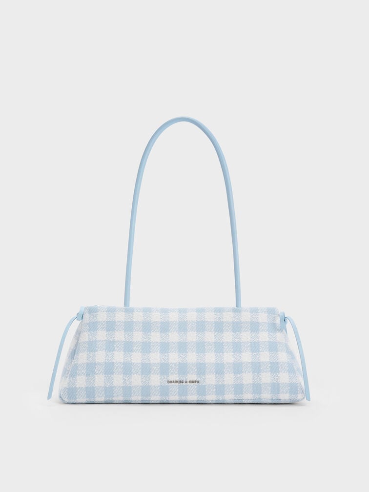 Hazel Gingham Bow Elongated Shoulder Bag, Gingham Blue, hi-res