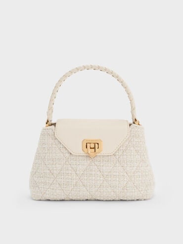 Arwen Tweed Quilted Braided-Strap Top Handle Bag, Cream Tweed, hi-res