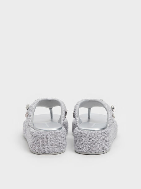Tweed Beach Flatform Thong Sandals, Silver, hi-res