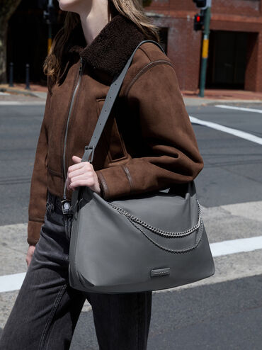 Nylon Chain-Link Slouchy Shoulder Bag, Grey, hi-res