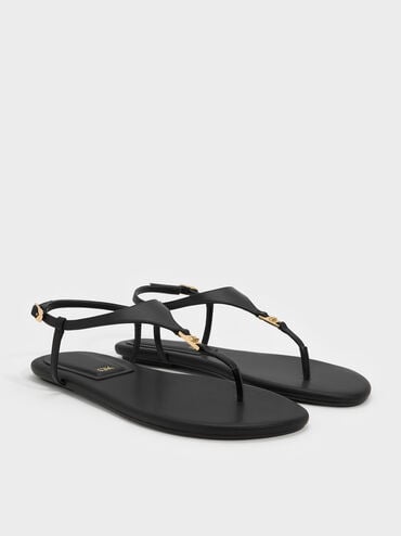 Leather T-Bar Thong Sandals, Black, hi-res