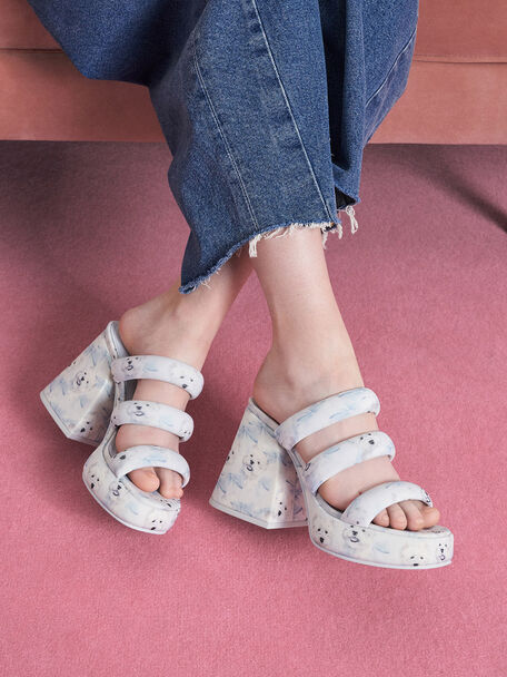Tattie Dog-Print Puffy-Strap Platform Mules, Light Blue, hi-res