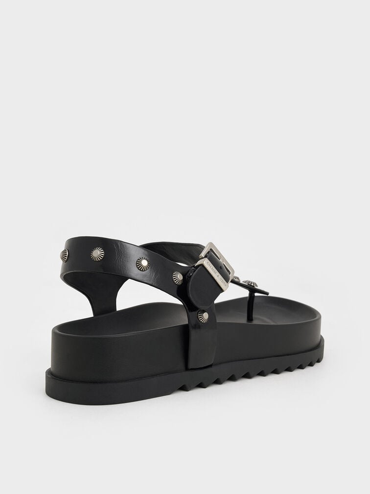 Studded Heart-Embellished Thong Sandals, Black, hi-res
