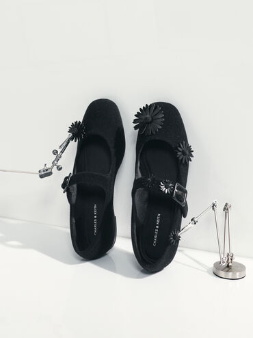 Polly Textured Mary Janes With Floral Appliques, Black Textured, hi-res