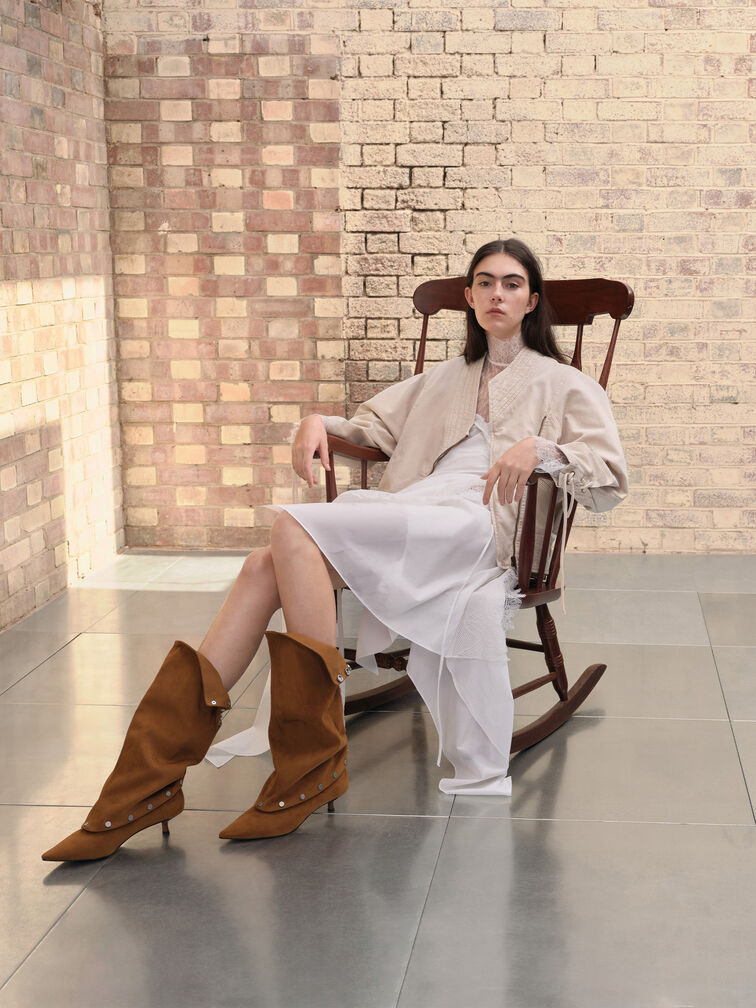 Gael Faux Suede Studded Convertible Kitten-Heel Knee-High Boots, Brown, hi-res