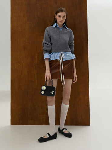 Perline Boxy Top Handle Bag With Floral Appliques, Jet Black, hi-res