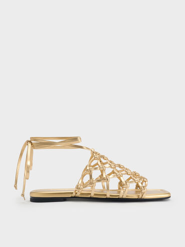 Woven Tie-Around Net Sandals, Gold, hi-res