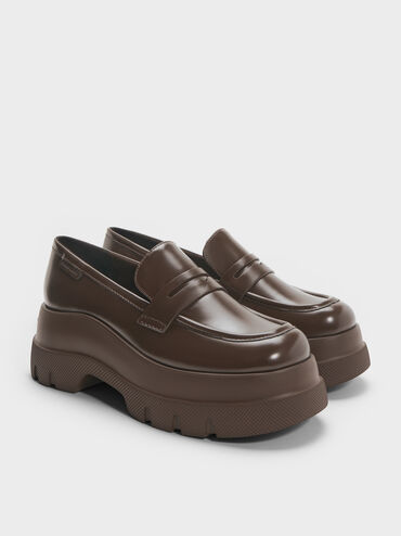 Leoi Platform Penny Loafers, Dark Brown, hi-res