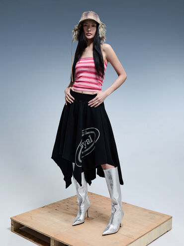 Metallic Pointed-Toe Stiletto-Heel Knee-High Boots, Silver, hi-res