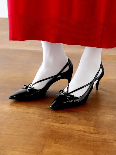 Patent Cut-Out Bow Kitten-Heel Pumps, Black Patent, hi-res