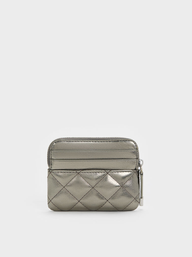 Alva Metallic Quilted Top-Zip Card Holder, Pewter, hi-res