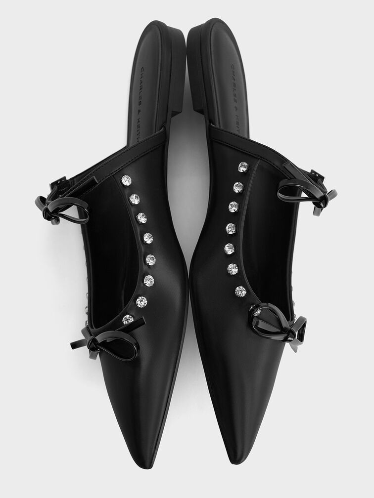 Gem-Embellished Double-Bow Pointed-Toe Mules, Black, hi-res