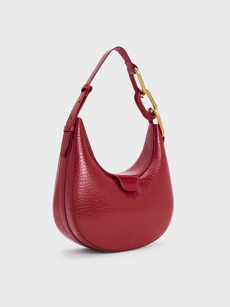 Kora Croc-Effect Metallic-Accent Moon Bag, Crimson, hi-res