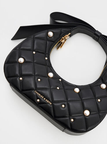 Janie Quilted Pearl-Embellished Bow-Handle Crescent Bag, Black, hi-res