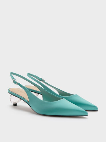 Satin Pointed-Toe Crystal-Heel Slingback Pumps, Teal, hi-res