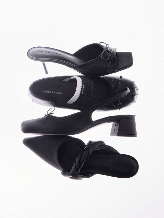 Sadira Satin Ruched Bow Heeled Mules, Black Textured, hi-res