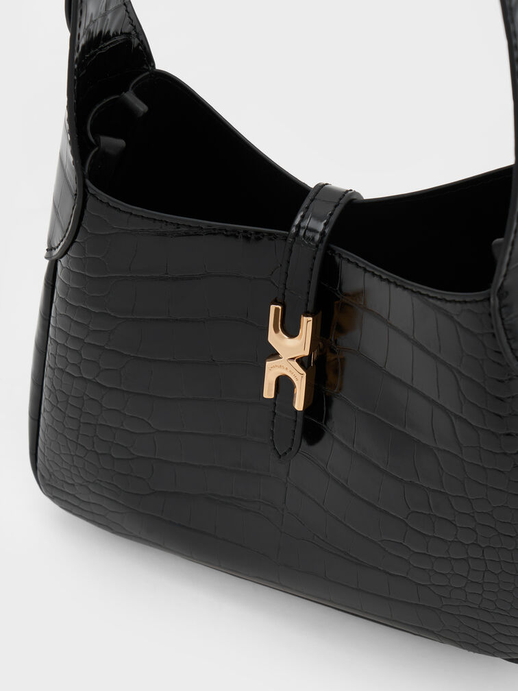 Mini Adalyn Croc-Effect Metallic-Buckle Belted Hobo Bag, Black Croco, hi-res