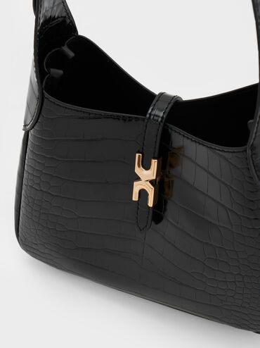 Mini Adalyn Croc-Effect Hobo Bag, Black Croco, hi-res