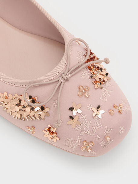 Sadira Satin Embroidered Sequinned Mary Jane Flats, Light Pink, hi-res