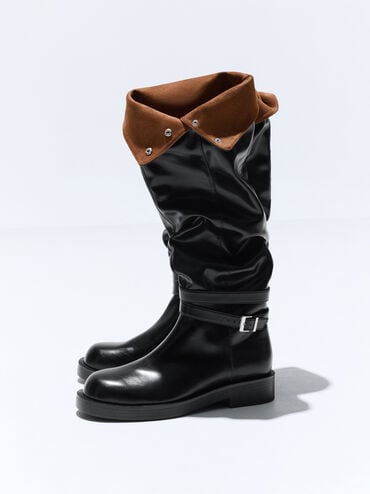 Ellis Ruched Buckled Fold-Over Thigh-High Boots, Black, hi-res