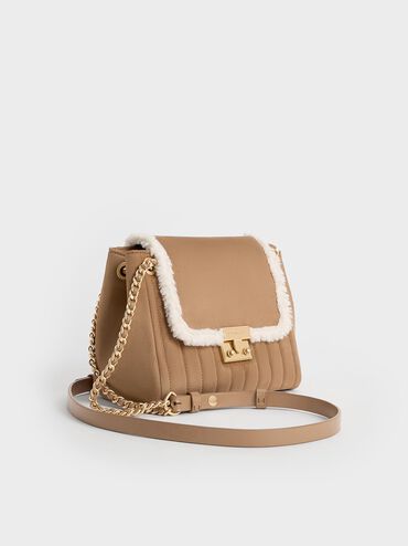 Donna Faux Suede Fur-Trim Shoulder Bag, Tan, hi-res