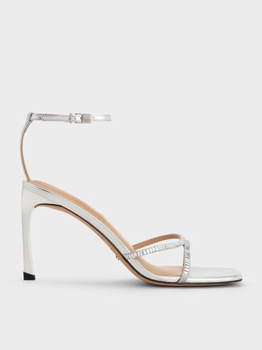 Metallic Leather & Satin Crystal-Embellished Ankle-Strap Sandals, Silver, hi-res