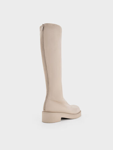 Faux Suede Chunky-Sole Knee-High Boots, Beige, hi-res
