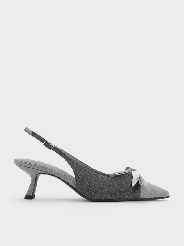 Striped Knot-Bow Pointed Slingback Pumps, Grey, hi-res