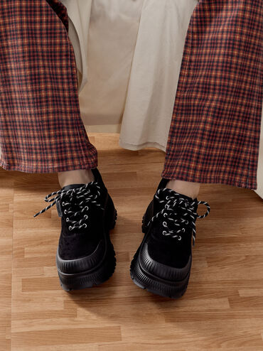 Darra Faux Suede Ridged-Sole Platform Sneakers, Black Textured, hi-res