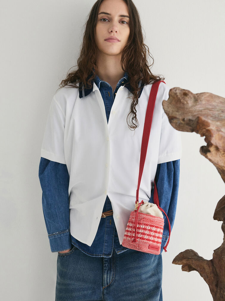 Girls' Ida Knitted Gingham Bucket Bag, Gingham Red, hi-res